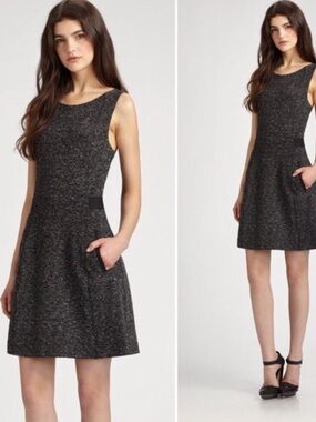 Theory Black Tweed Mendani Cotton Midi Dress Sleeveless Classic Chic Size 0